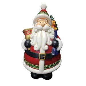 Decorative Jolly Round Santa Figurine Holding a Christmas Toy Sack & Gold Bell